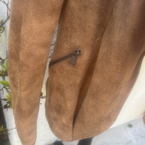 ELAN Faux Distressed Leather Asymetrical Zipper Jacket Caramel Brown Womens M - Picture 3 of 9